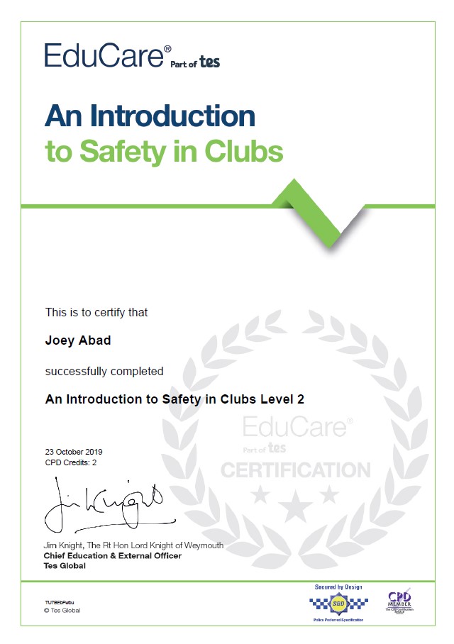 Certificate in club safety