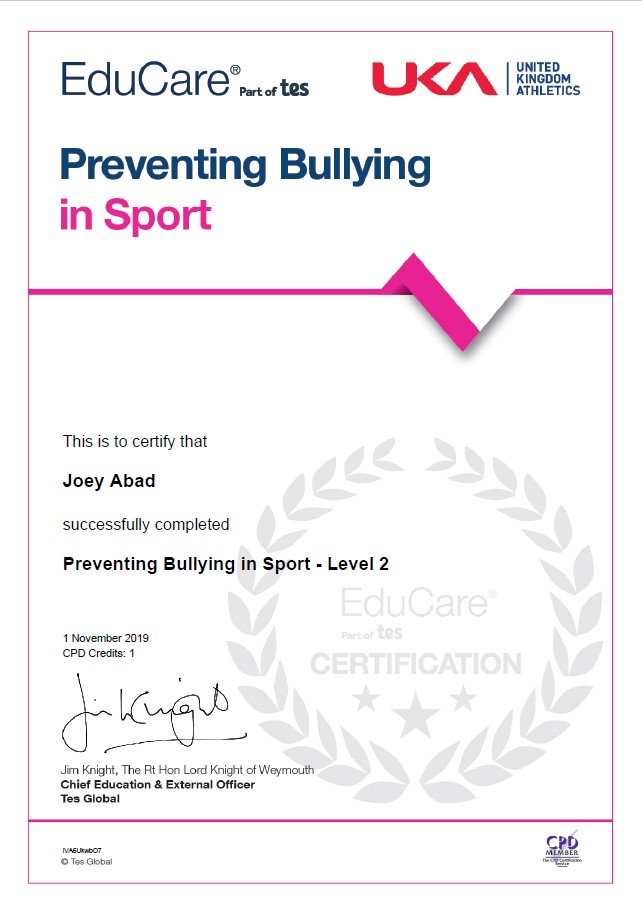 Certificate in preventing bullying