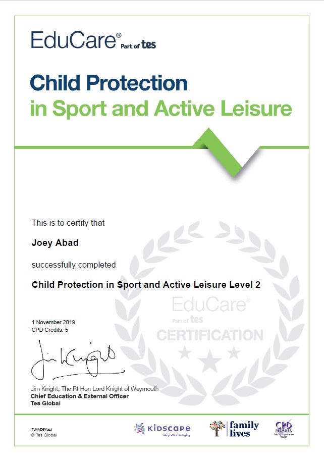 certificate in child protection in sport