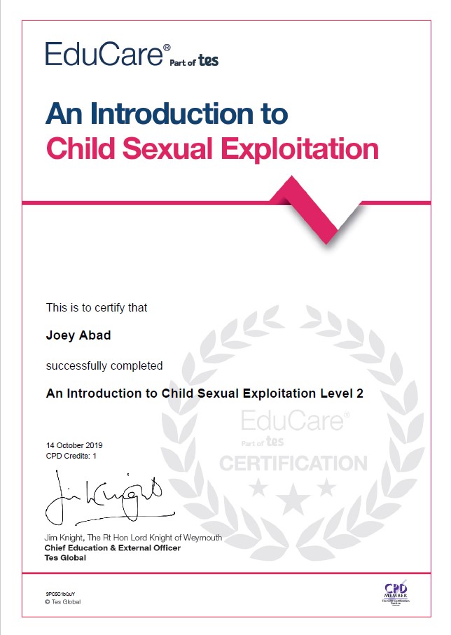 Certificate in preventing child sexual exploitation