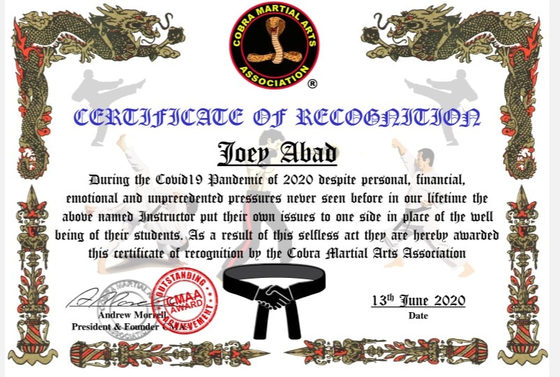 Cobra Certificate of Recognition - Covid-19
