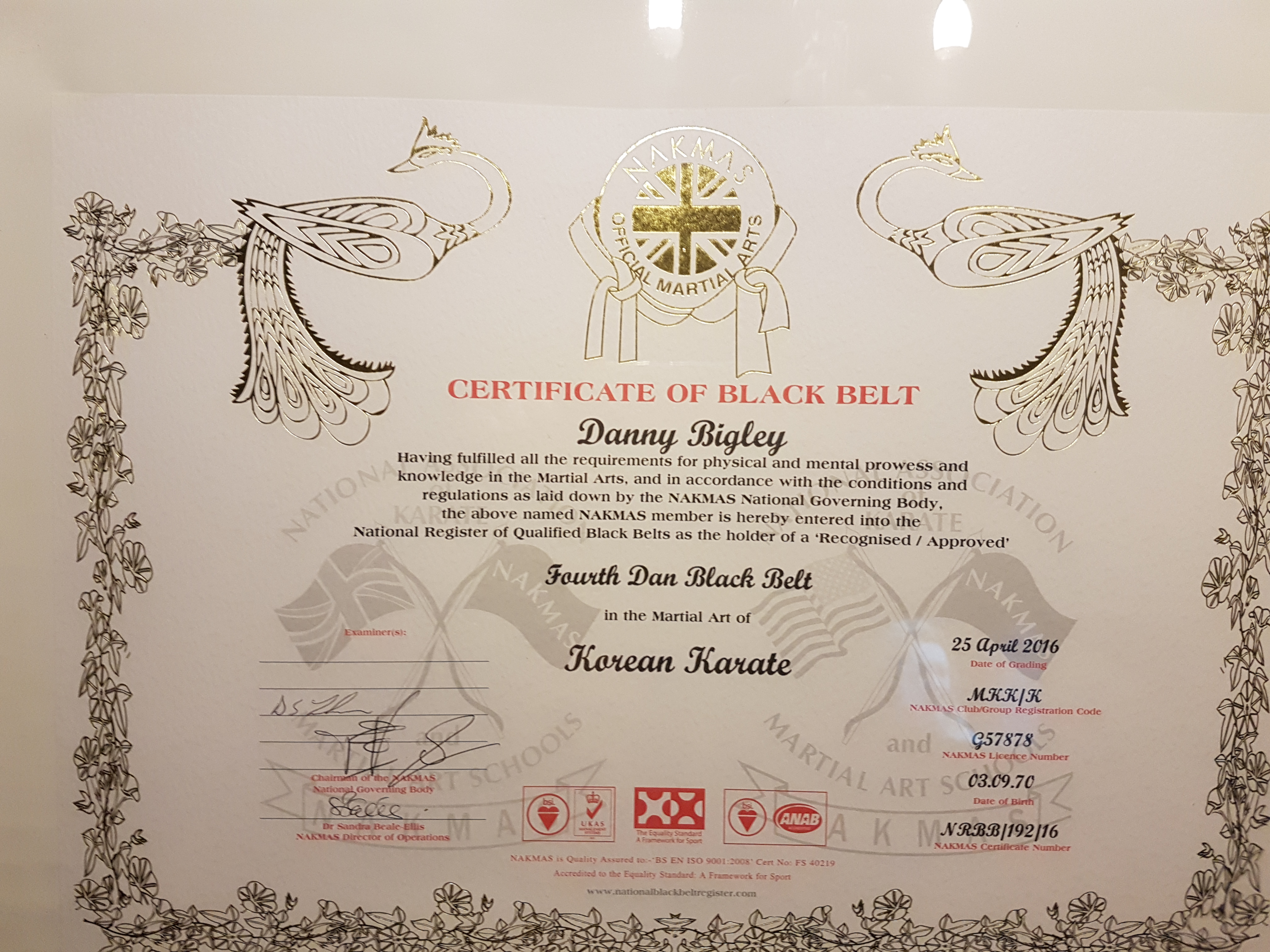 4th DAN Senior Instructor Danny Bigley awarded by NAKMAS 2016